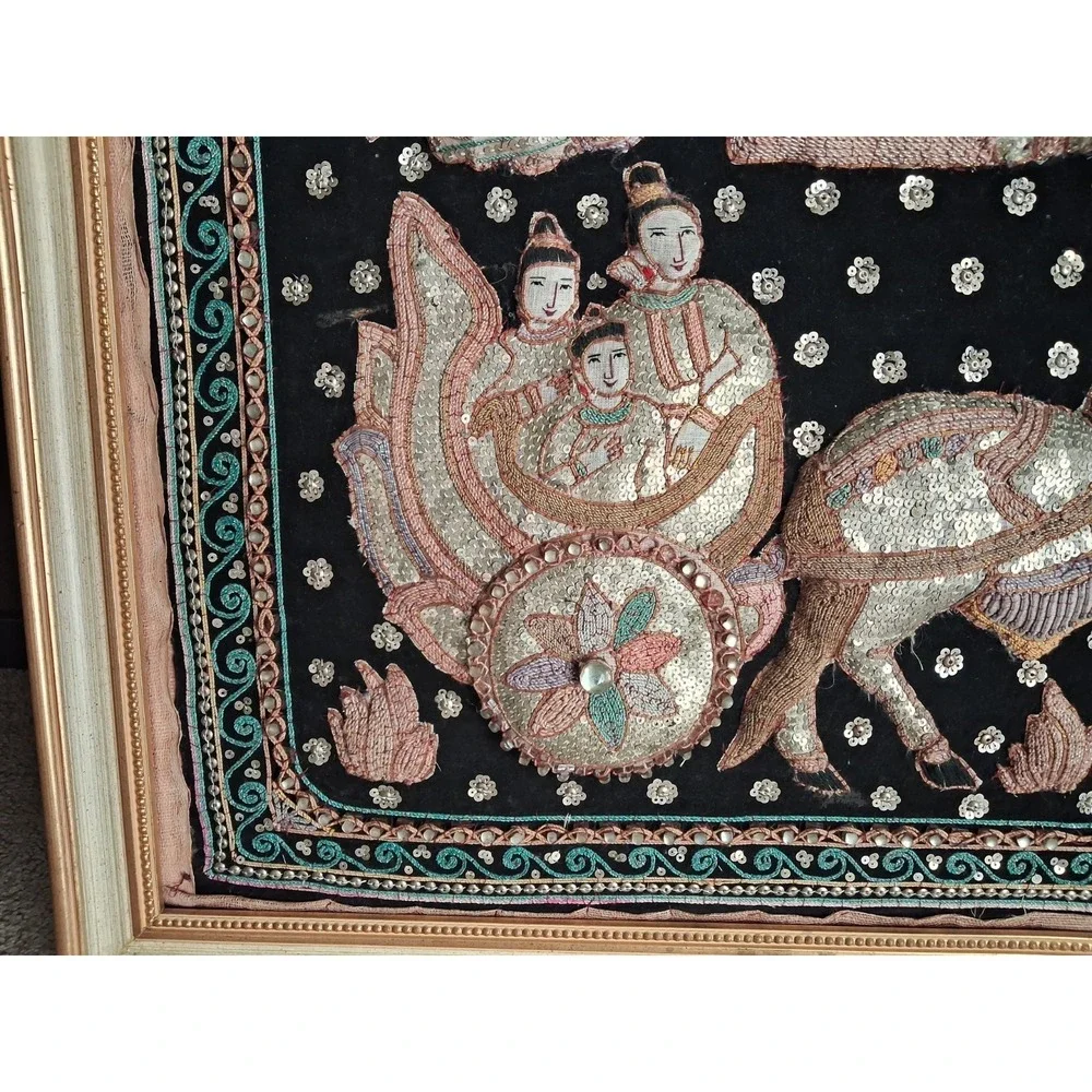 Vintage Thai Burma Myanmar Kalaga Tapestry Ramayana - Koi  Sequins
